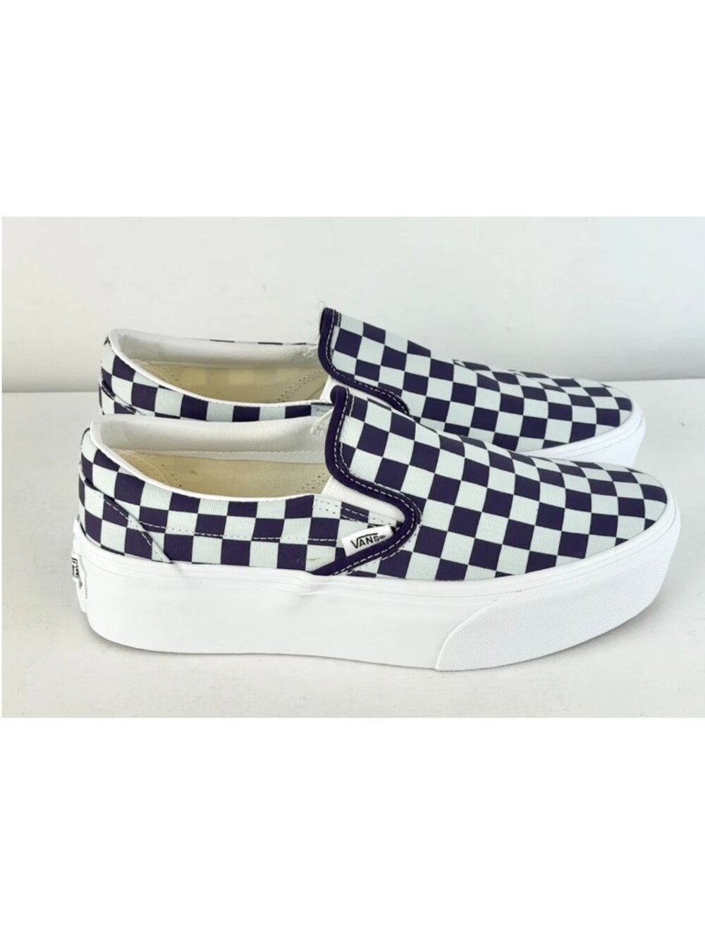 M4.5, W6 -Vans Classic Slip-On Platform Checkerboard Shoe-Mist Blue/Gothic Grape - Picture 2 of 8